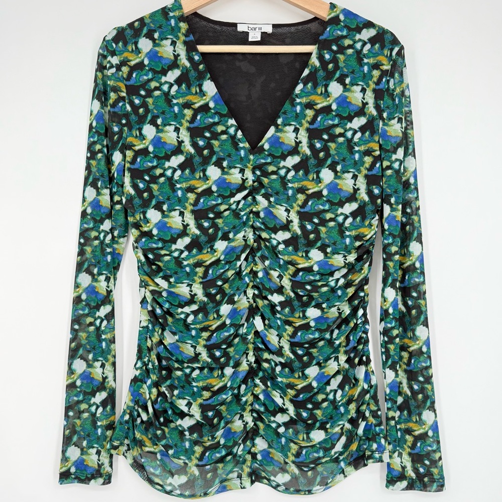 Bar III Green Mesh Long Sleeve Fitted V-Neck Top Blouse L